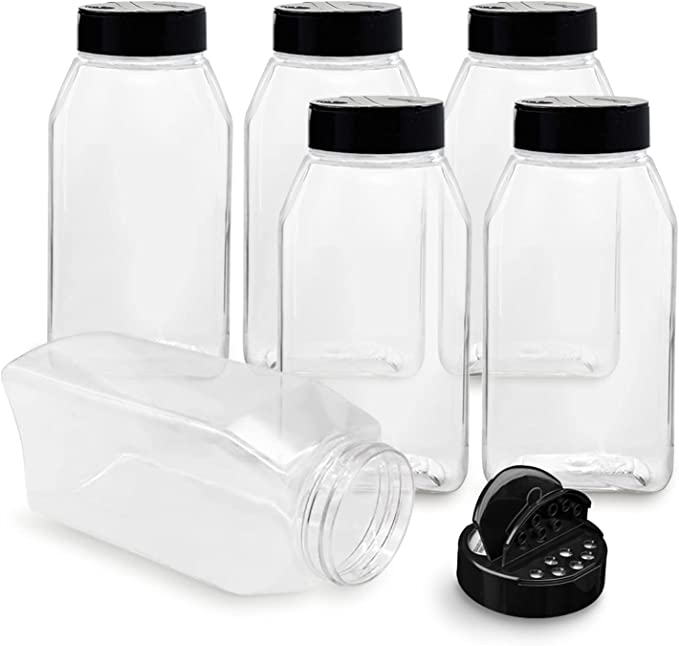 ROYALHOUSE 6 PACK 32 Oz Plastic Spice Jars With Black Cap